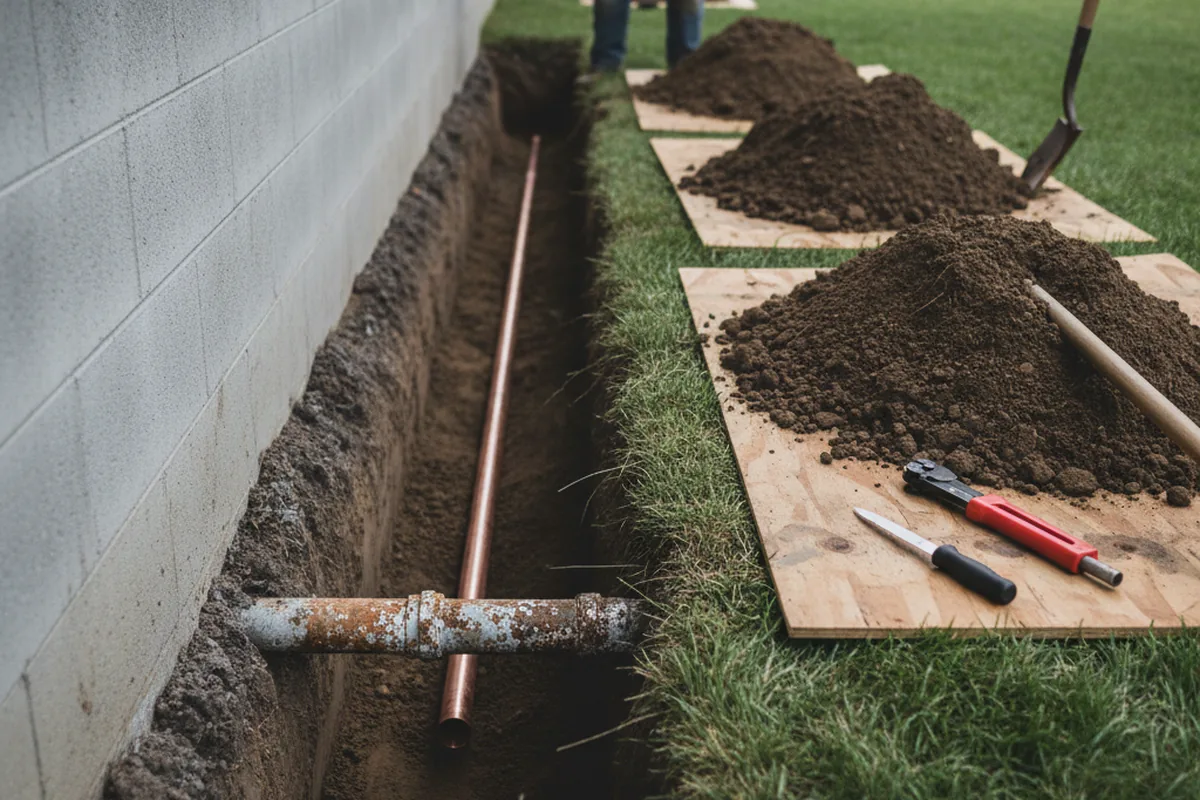 Excavated water line trench during Water Heater Repair in North Branford
